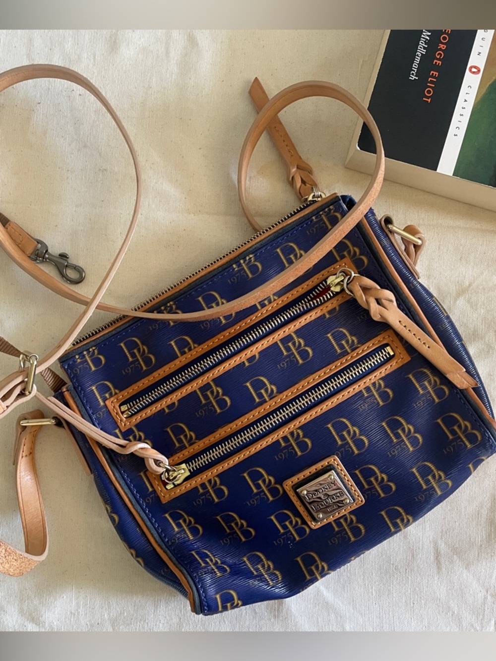 Dooney & Bourke Navy and Tan Logo Crossbody